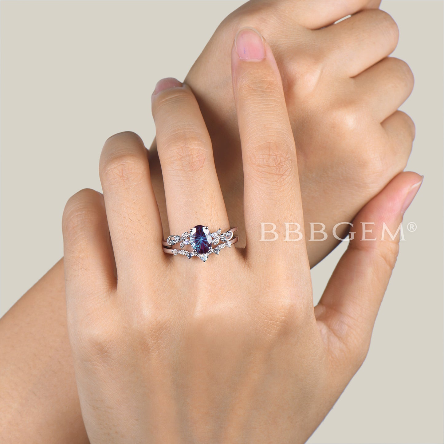 Oval Cut Color-change Alexandrite Wedding Ring Moonstone Leaf Inspired Ring Set