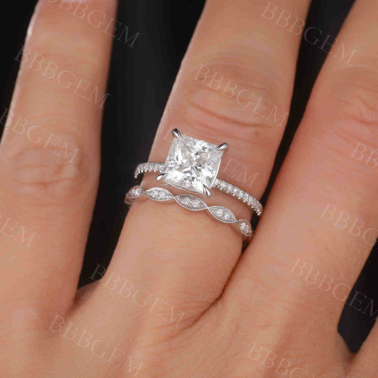 2 Carat Princess Cut Moissanite Engagement Ring Set Rose Gold Accent Diamond