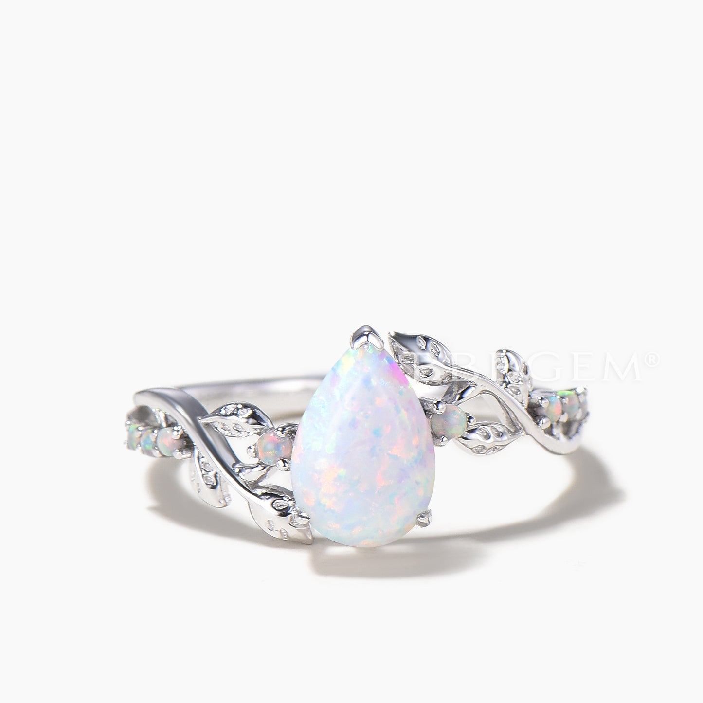 Teardrop Cut White Opal Twisted Engagement Ring Opal Leaf Nature Inspired Ring
