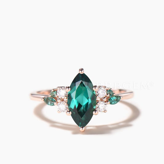 Marquise Cut Emerald Cluster Engagement Ring Moissanite Rose Gold Ring