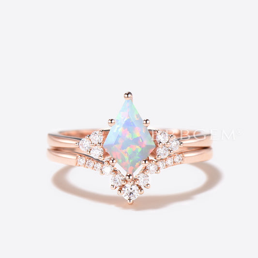 Kite Cut White Opal Engagement Ring Diamond Cluster Bridal Ring Set