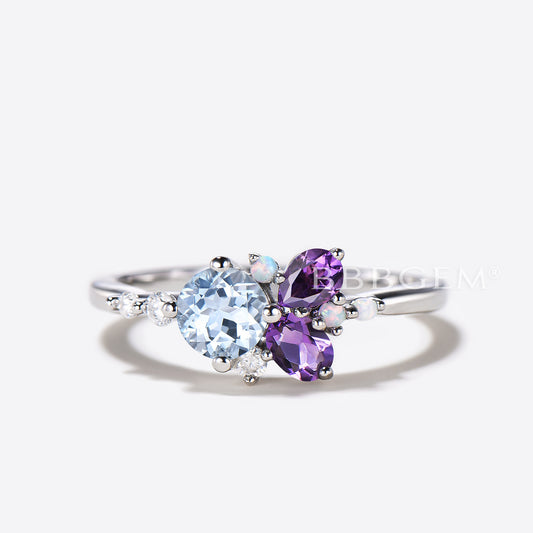 Round Natural Aquamarine Engagement Ring Cluster Amethyst Opal Ring