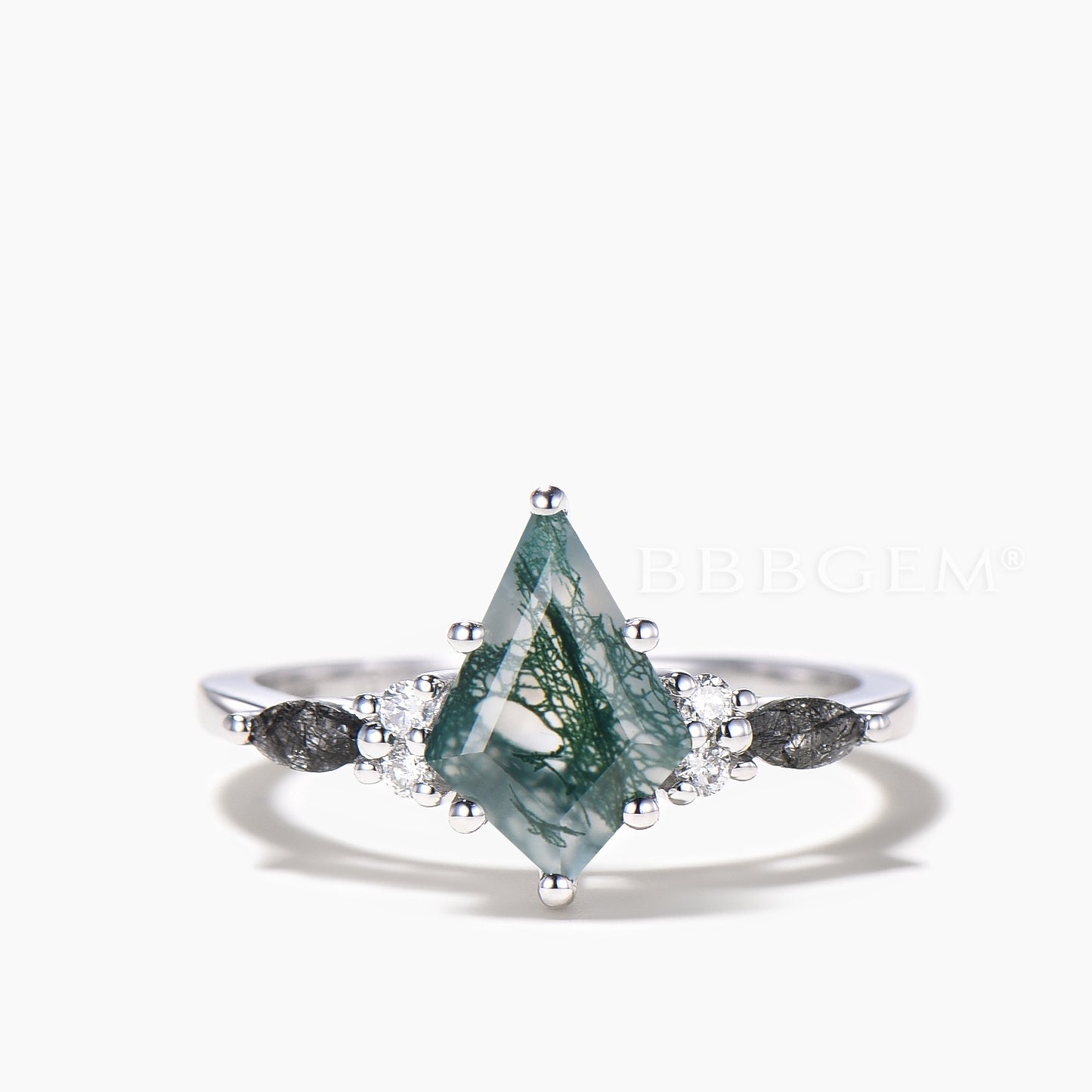 3PC Agate Bridal Set Kite Cut Natural Moss Agate Wedding Ring Diamond Curved Band