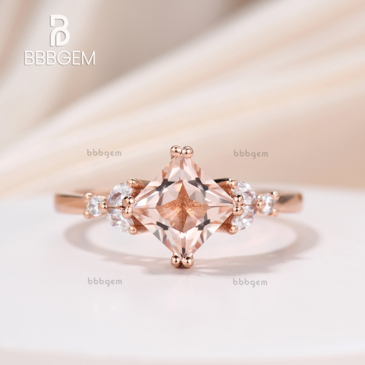 Princess Cut Peach Morganite Engagement Ring Rose Gold Unique Woman Diamond Bridal Ring-bbbgem women jewelry