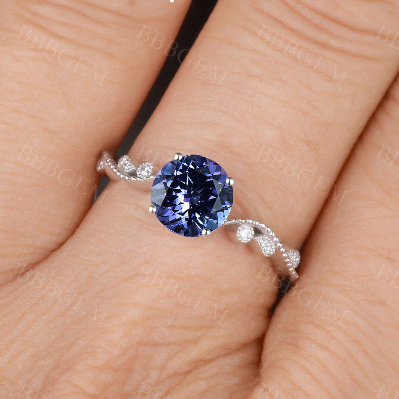 Round Tanzanite engagement ring floral ring diamond promise ring rose gold