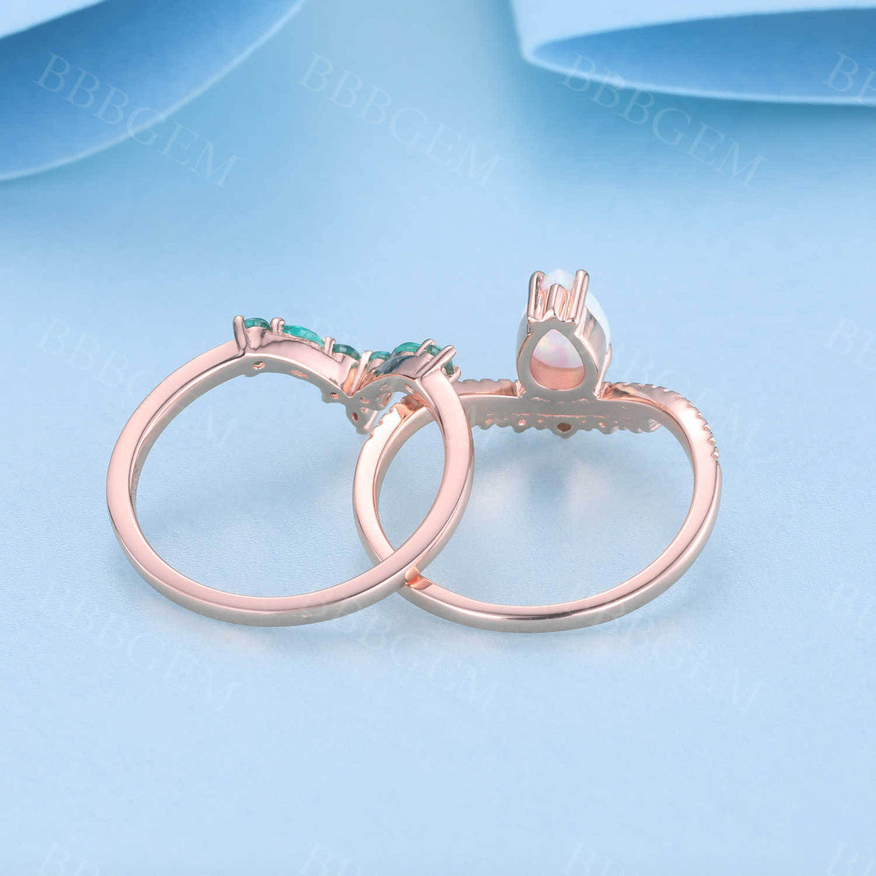 Opal Emerald Engagement Ring Set 14K Rose Gold