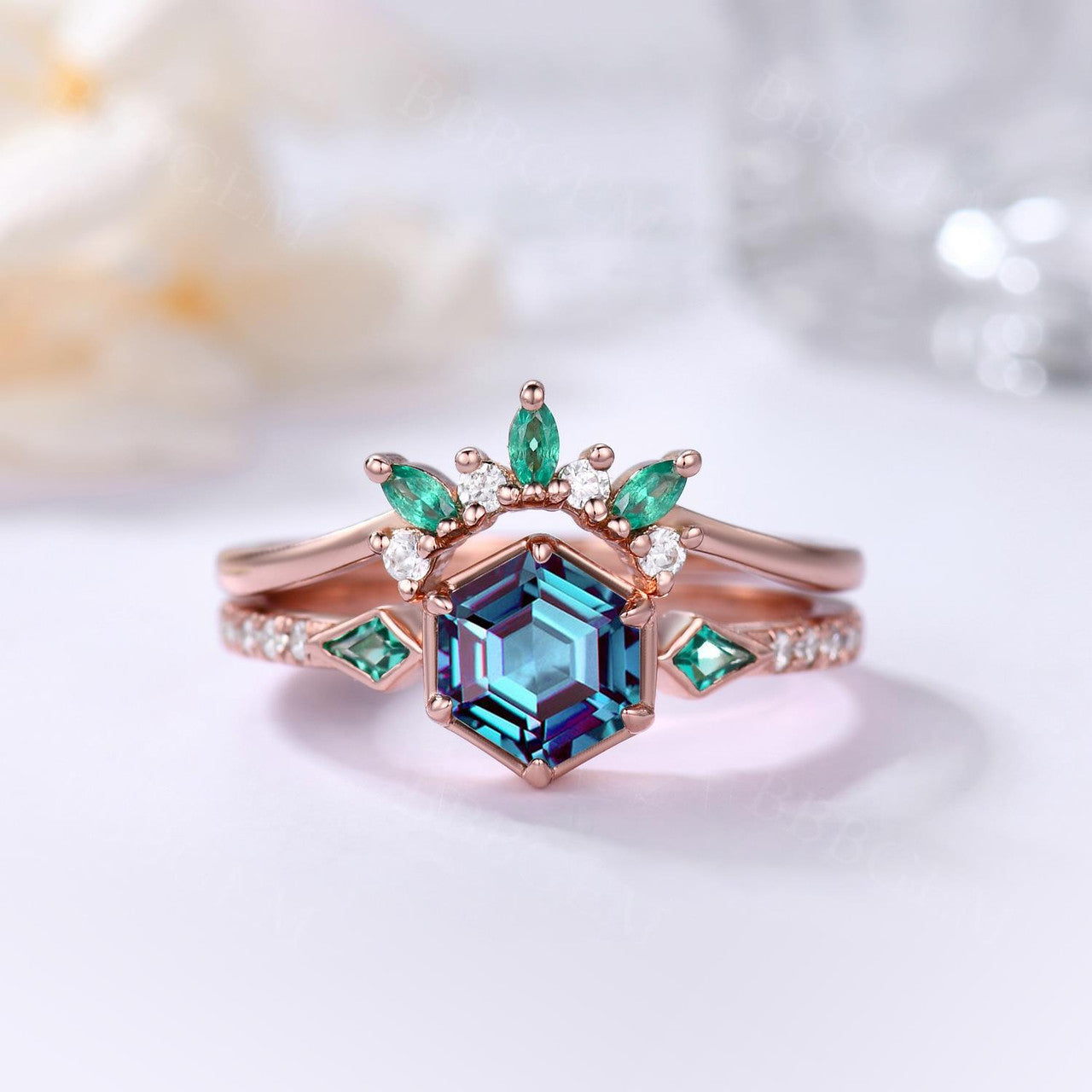 Hexagon Cut Alexandrite Bridal Set With Emerald Diamond Band- BBBGEM Alexandrirte Ring Set