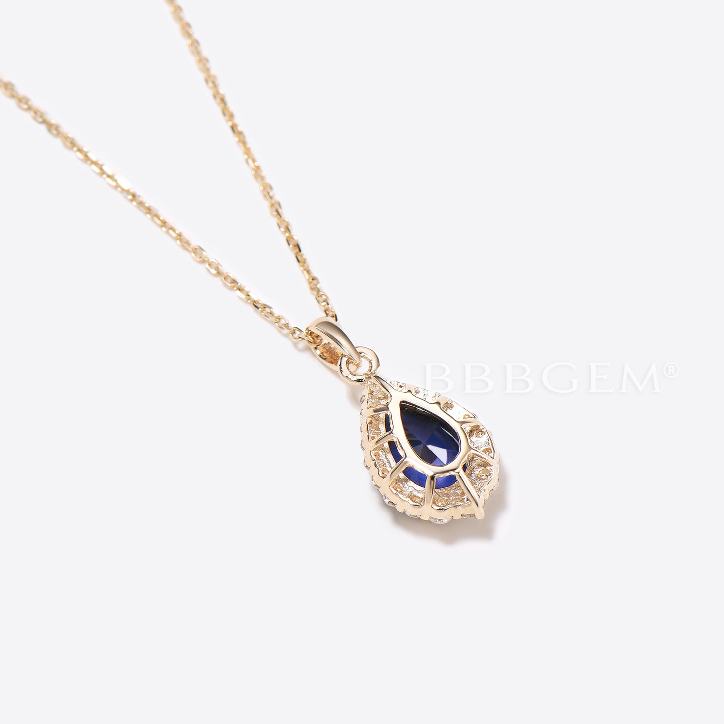 Pear Shaped Blue Sapphire Necklace 14k Gold Halo Diamond Charm Pendant