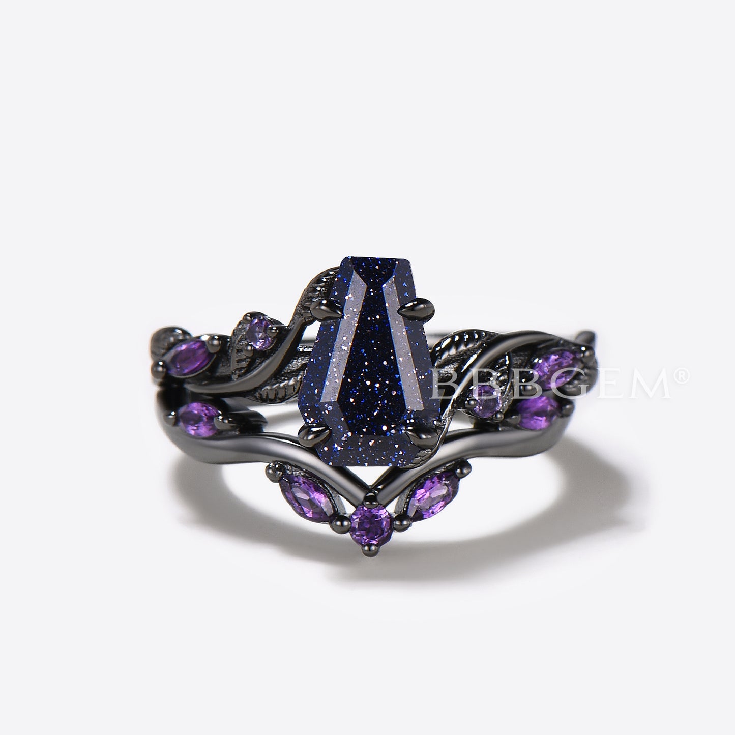 Black Gold Coffin Blue Sandstone Ring Leaf Amethyst Engagement Ring