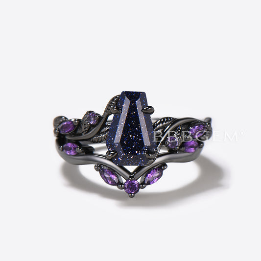 Black Gold Coffin Blue Sandstone Ring Leaf Amethyst Engagement Ring