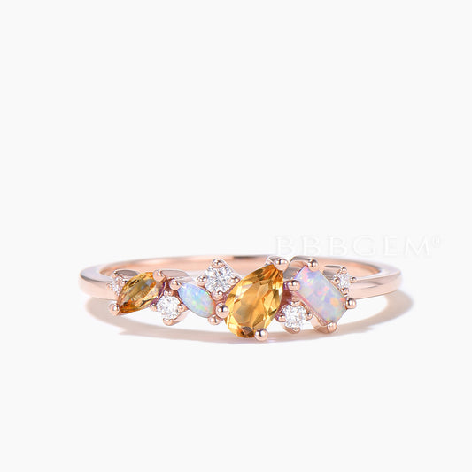 Teardrop Cut Natural Citrine Engagement Ring Opal Moissanite Cluster Ring