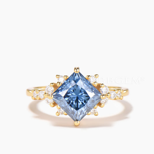 2CT Princess Cut Blue Moissanite Engagement Ring Diamond Cluster Ring