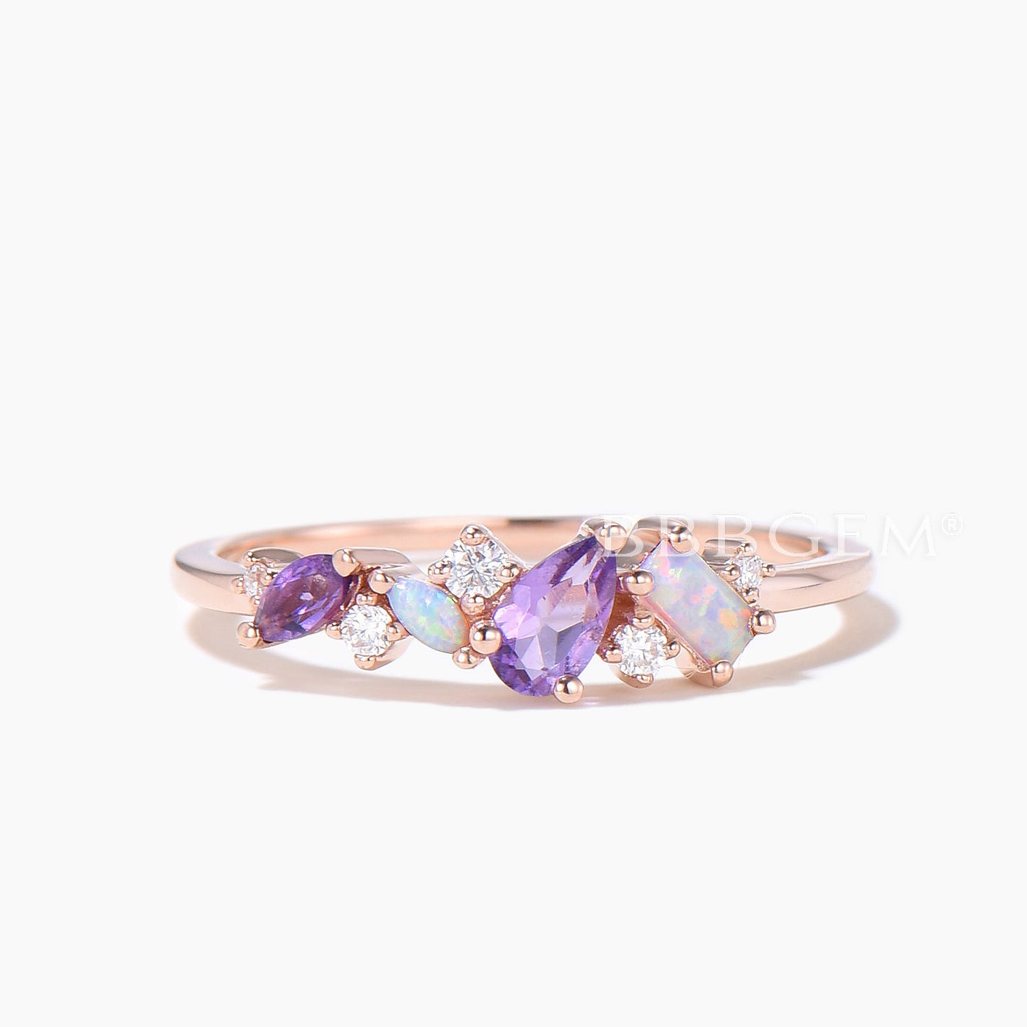 Vintage Pear Amethyst Wedding Band Rose Gold Opal Moissanite Cluster Wedding Ring Mixed Stone Promise Band Multi Birthstone Family Ring