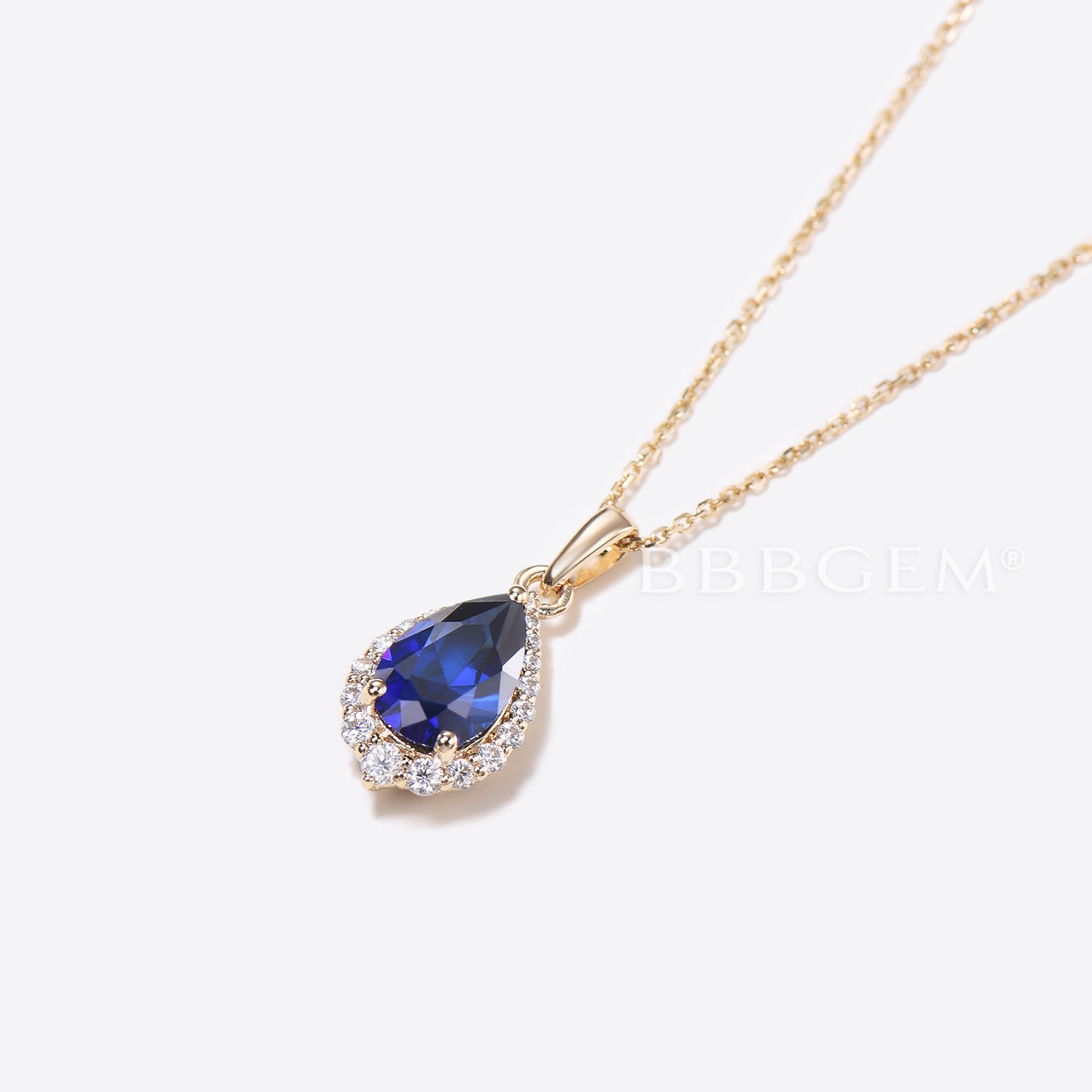 Pear Shaped Blue Sapphire Necklace 14k Gold Halo Diamond Charm Pendant