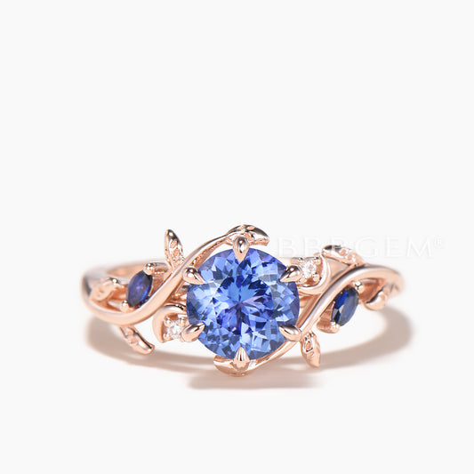 Round Cut Natural Tanzanite Engagement Ring Sapphire Leaf Inspired Ring