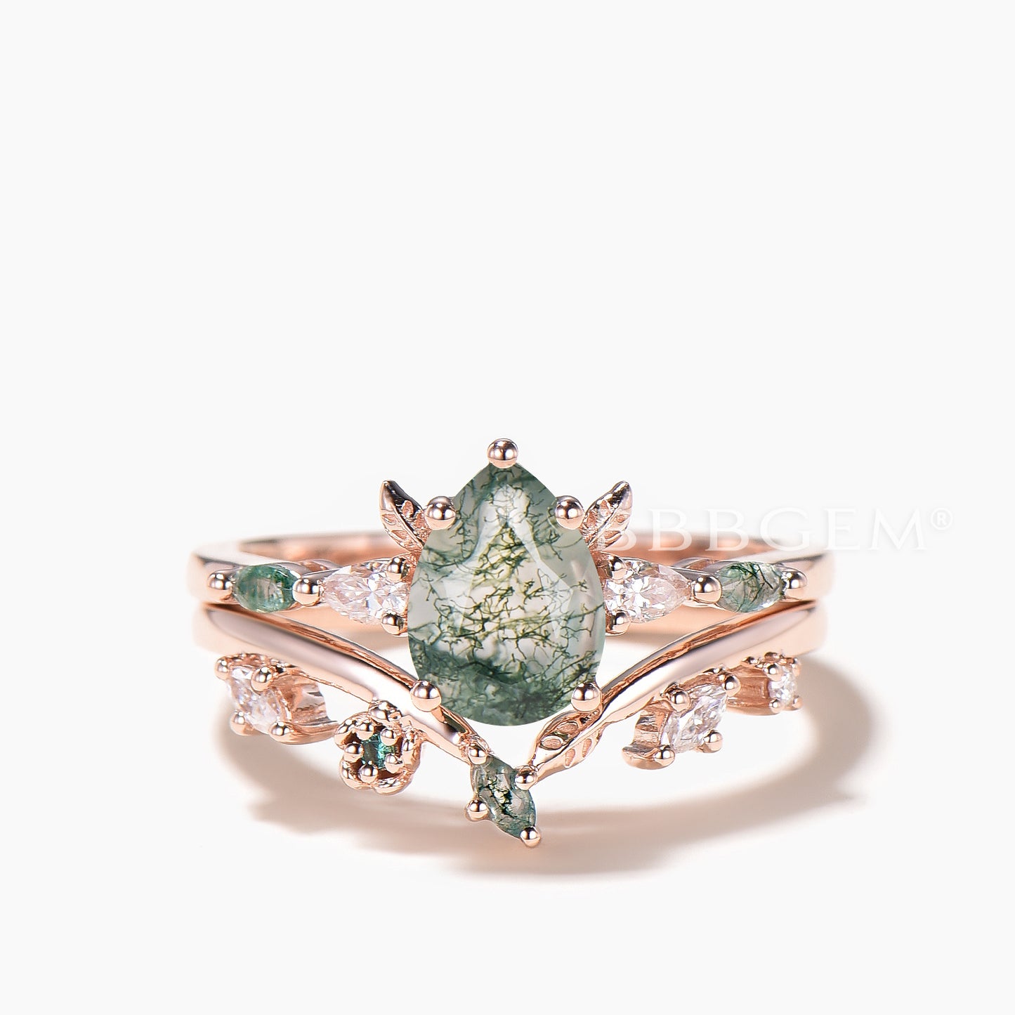 Pear Cut Moss Agate Leaf Wedding Ring Moissanite Nature Inspired Bridal Set