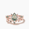 Pear Cut Moss Agate Leaf Wedding Ring Moissanite Nature Inspired Bridal Set