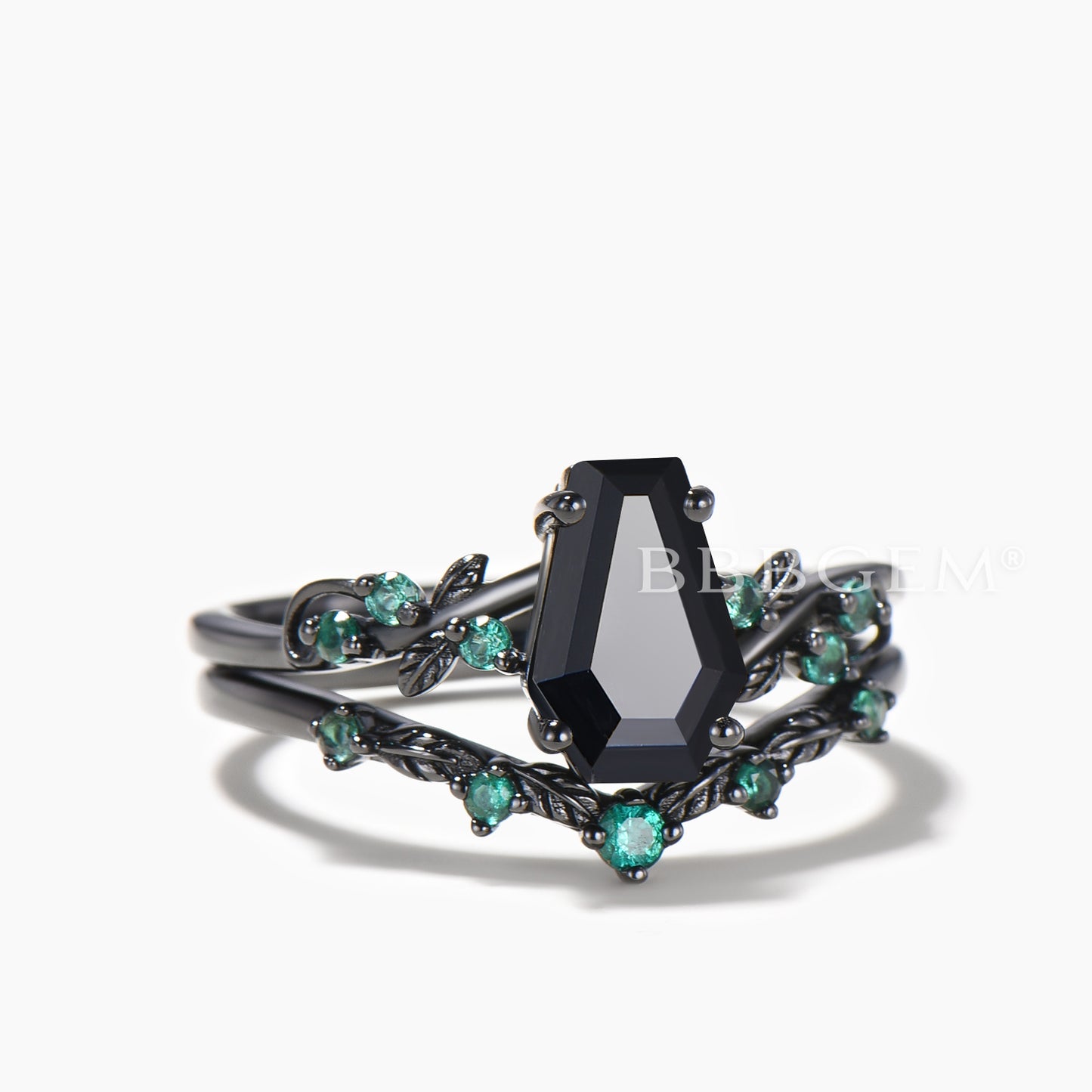 Coffin Cut Black Onyx Engagement Ring Emerald Leaf Band Nature Inspired Ring Set
