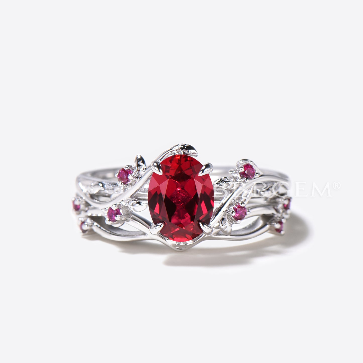 Oval Red Ruby Engagement Ring Nature Inspired Leaf Wedding Ring Set