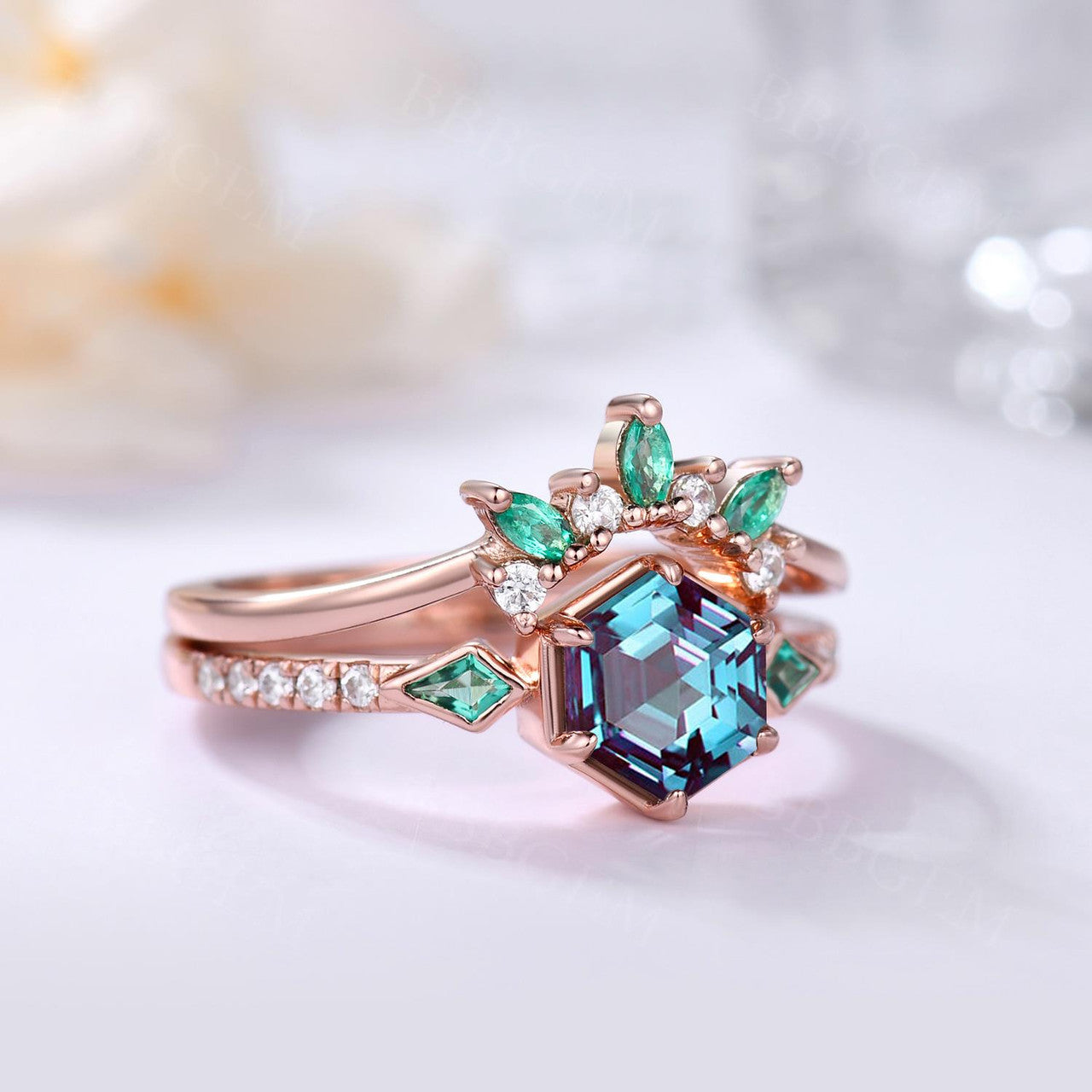 Hexagon Cut Alexandrite Bridal Set With Emerald Diamond Band- BBBGEM Alexandrirte Ring Set