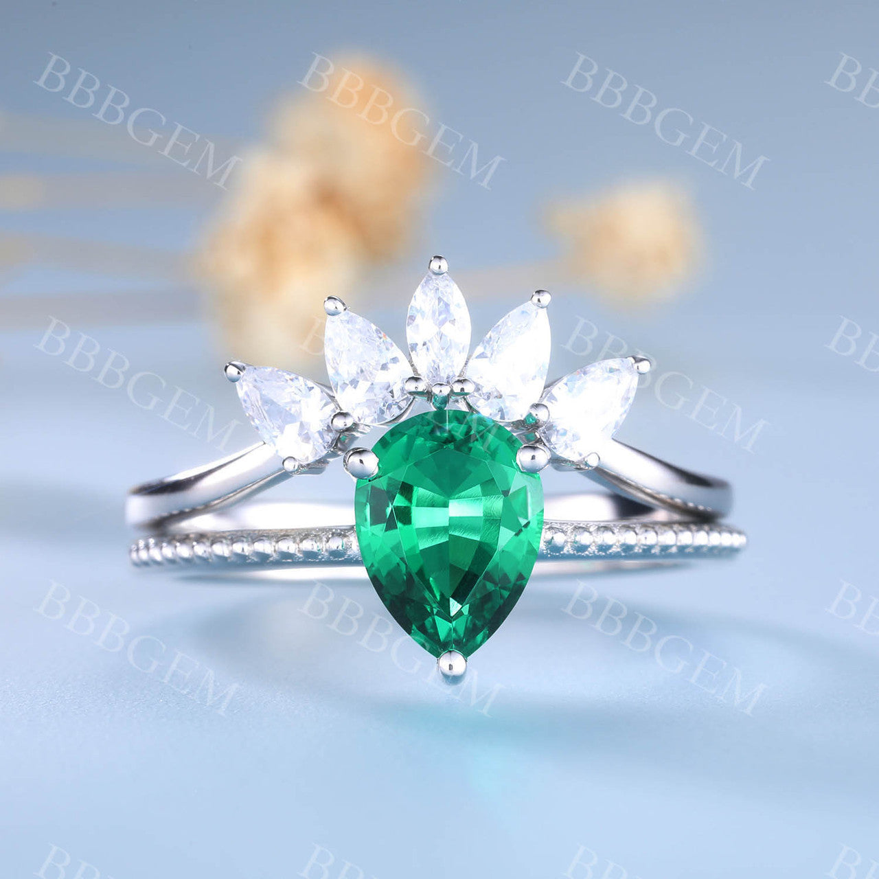 Pear Emerald Ring Marquise Cut Cluster Stacking Band Handmade Jewelry