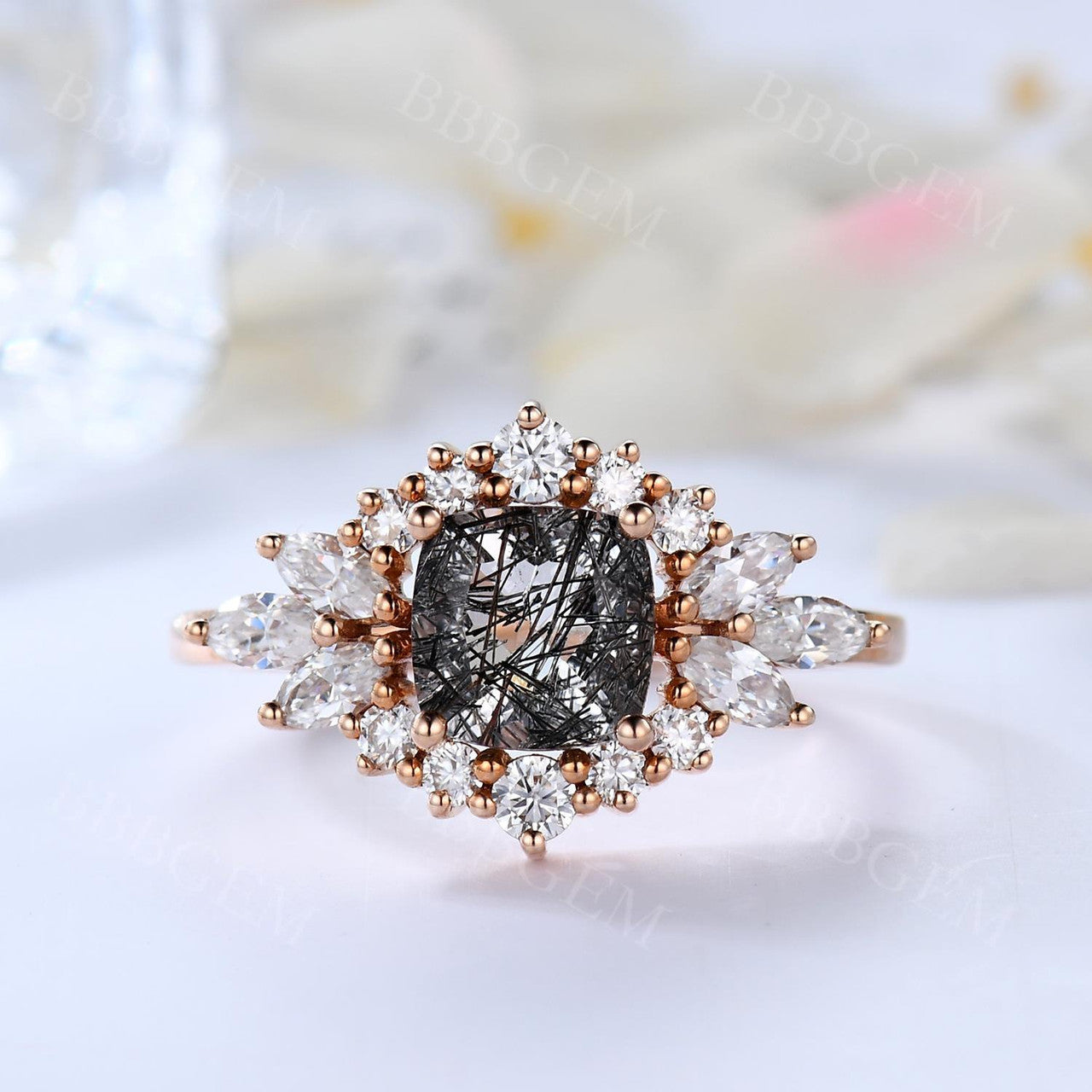 Oval Cut Black Rutilated Quartz Engagement Ring Marquise Moissanite Cluster Halo