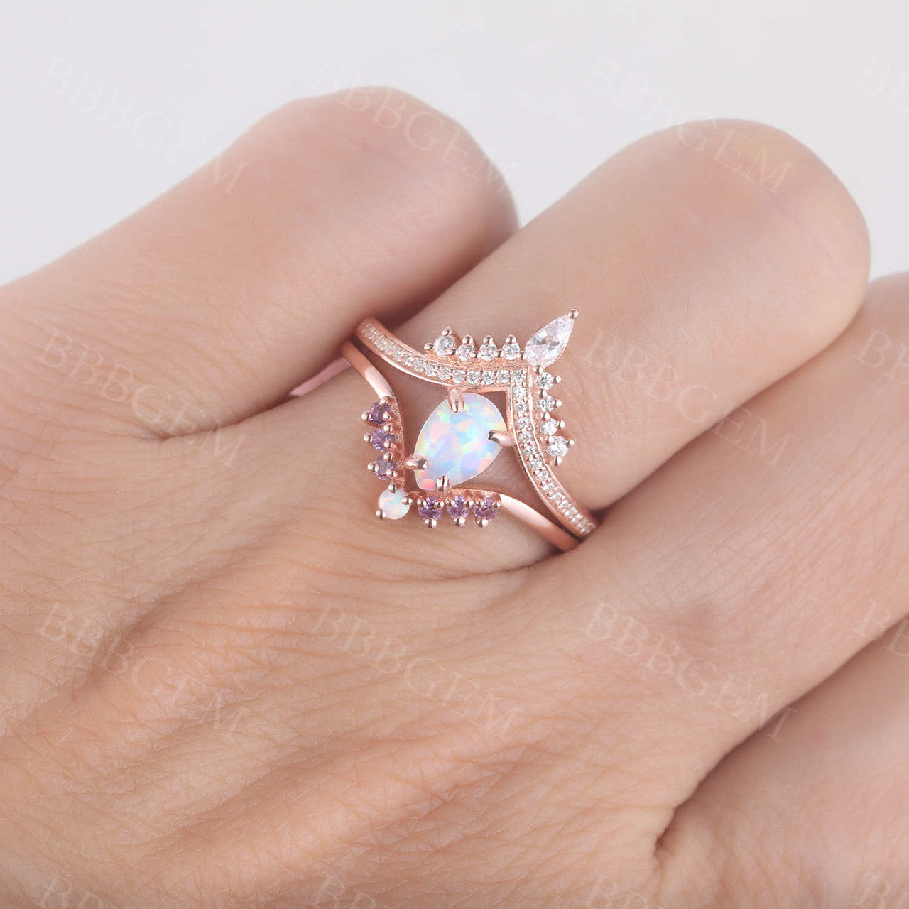 Pear Opal Engagement Ring Set White Opal Wedding Set,3pcs Bridal Set