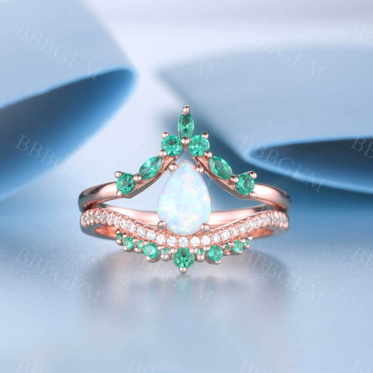 Opal Emerald Engagement Ring Set 14K Rose Gold