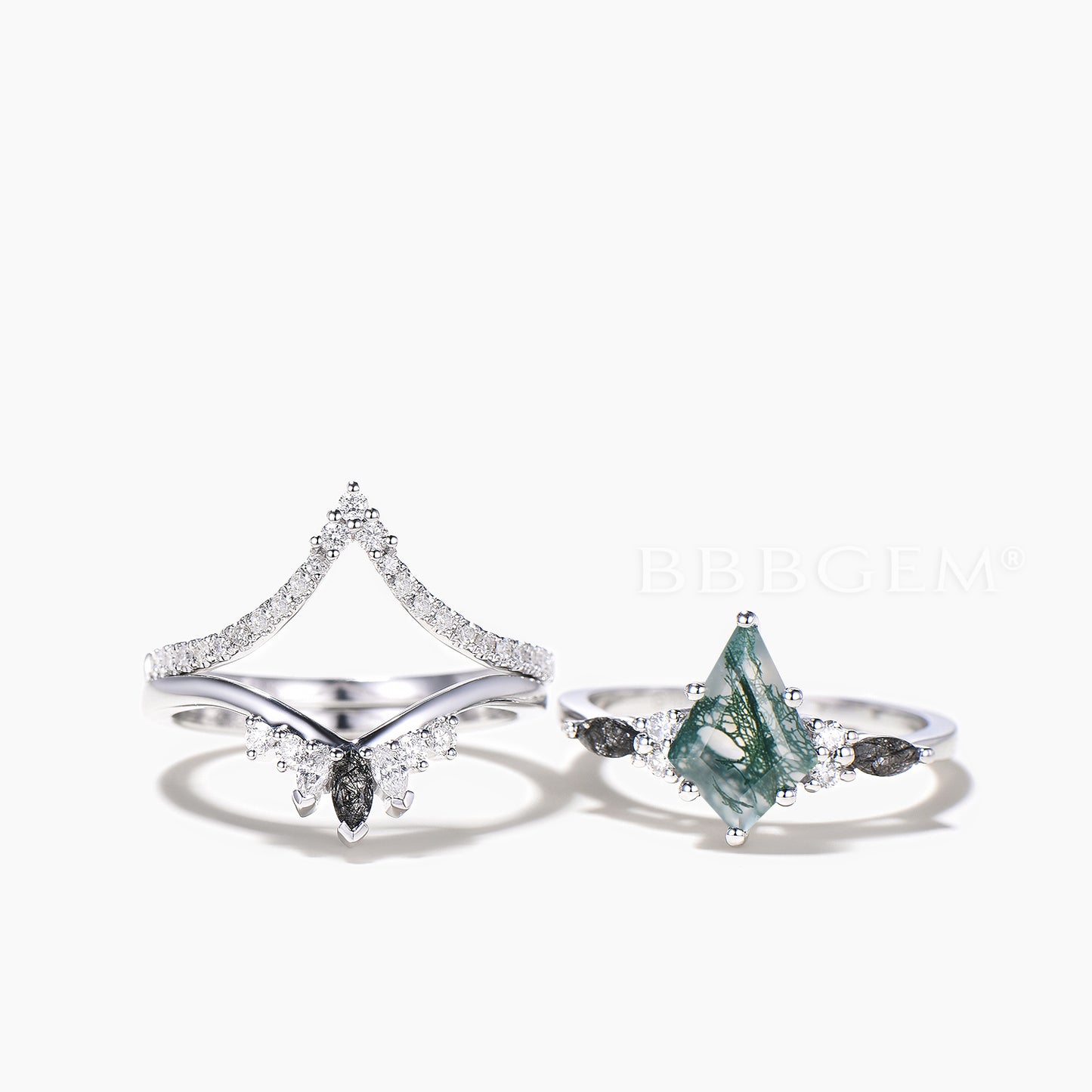 3PC Agate Bridal Set Kite Cut Natural Moss Agate Wedding Ring Diamond Curved Band