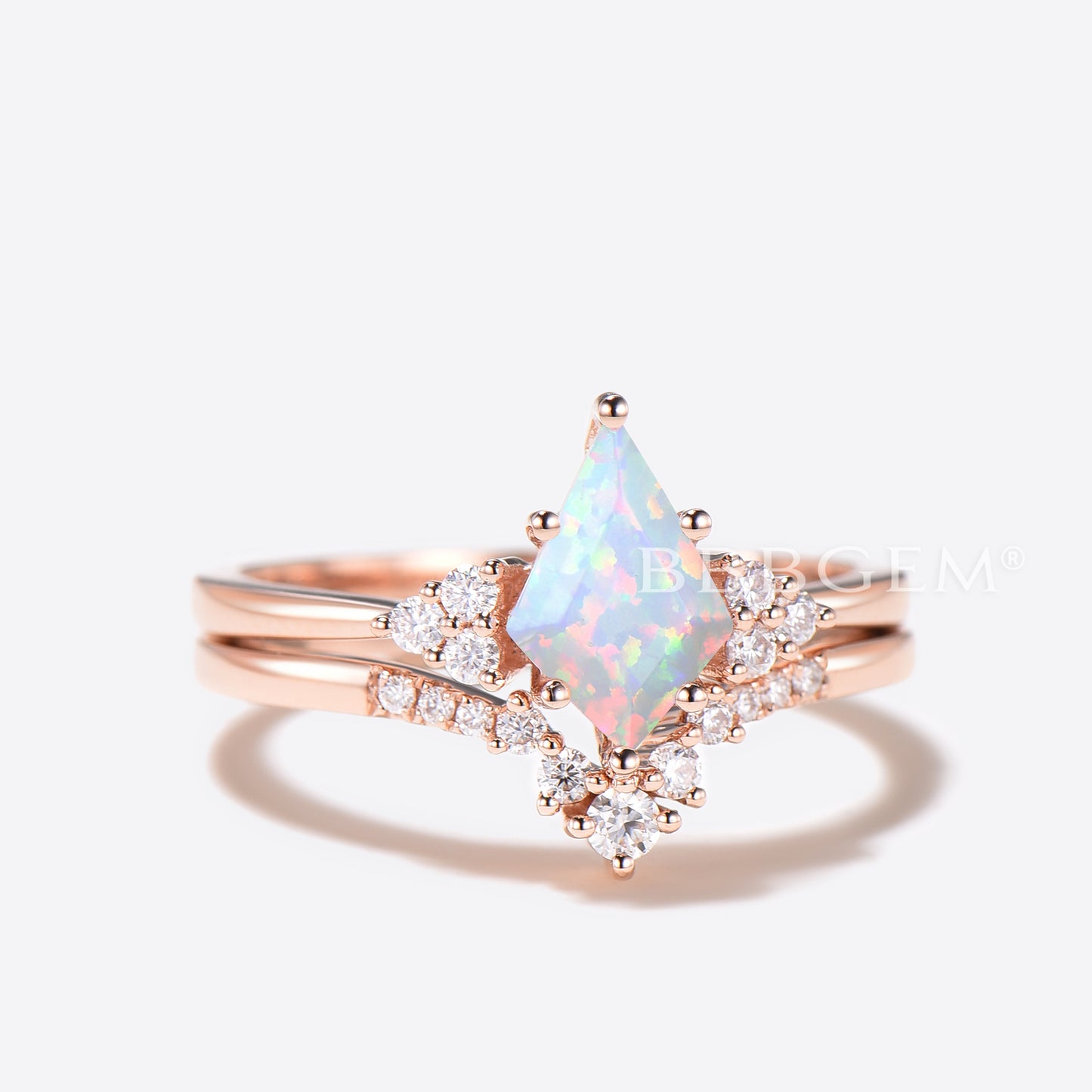 Kite Cut White Opal Engagement Ring Diamond Cluster Bridal Ring Set