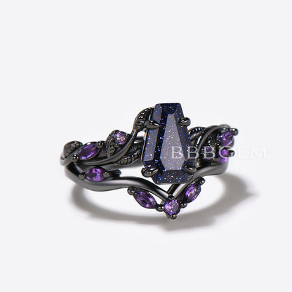 Black Gold Coffin Blue Sandstone Ring Leaf Amethyst Engagement Ring