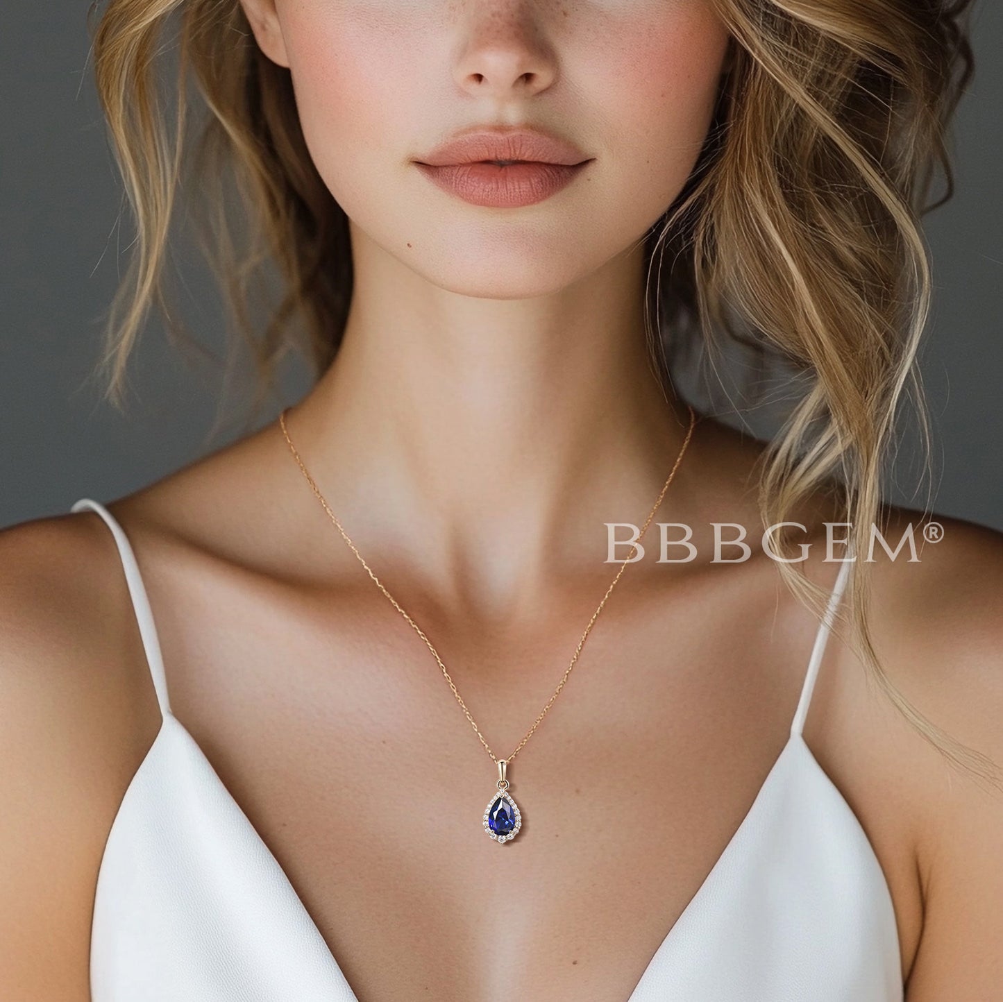 Pear Shaped Blue Sapphire Necklace 14k Gold Halo Diamond Charm Pendant