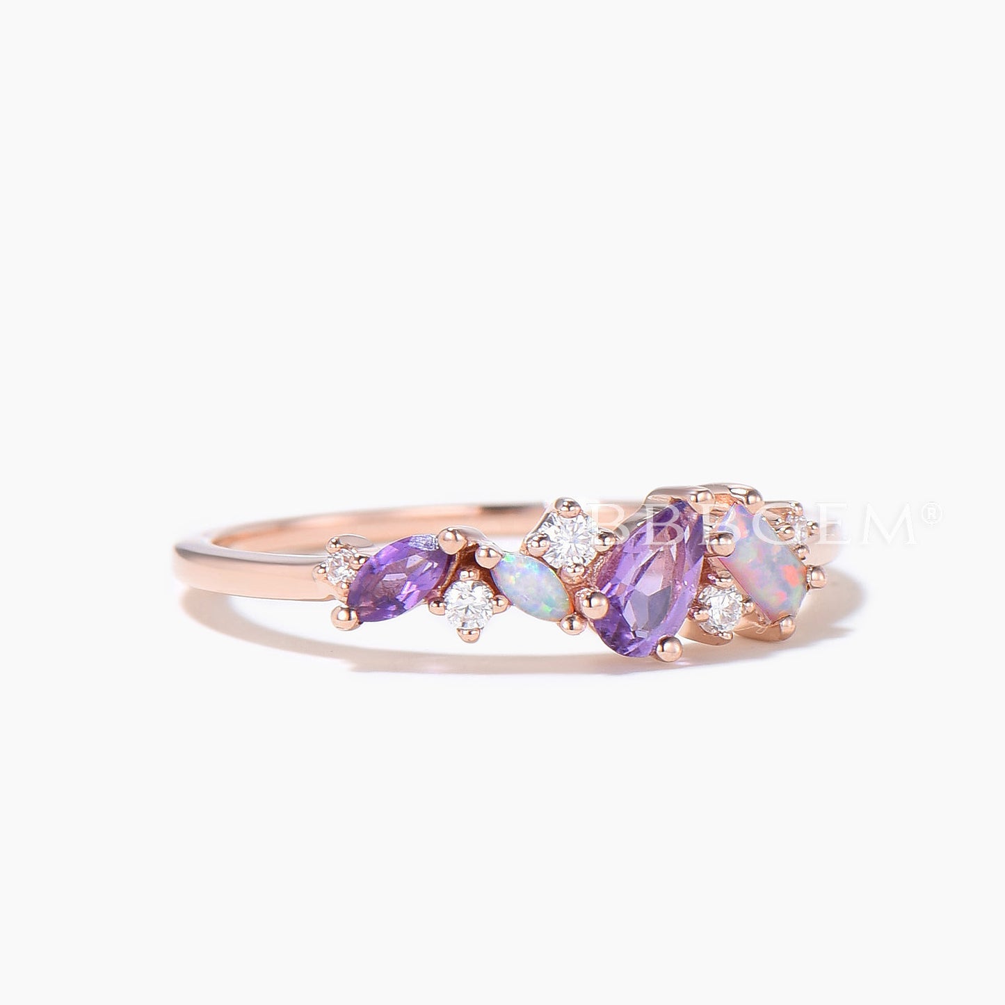 Vintage Pear Amethyst Wedding Band Rose Gold Opal Moissanite Cluster Wedding Ring Mixed Stone Promise Band Multi Birthstone Family Ring