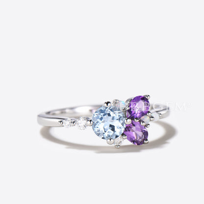 Round Natural Aquamarine Engagement Ring Cluster Amethyst Opal Ring