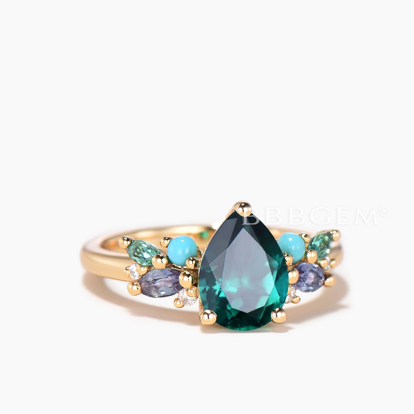 Pear Emerald Engagement Ring Alexandrite Turquoise Green Sapphire Cluster Ring