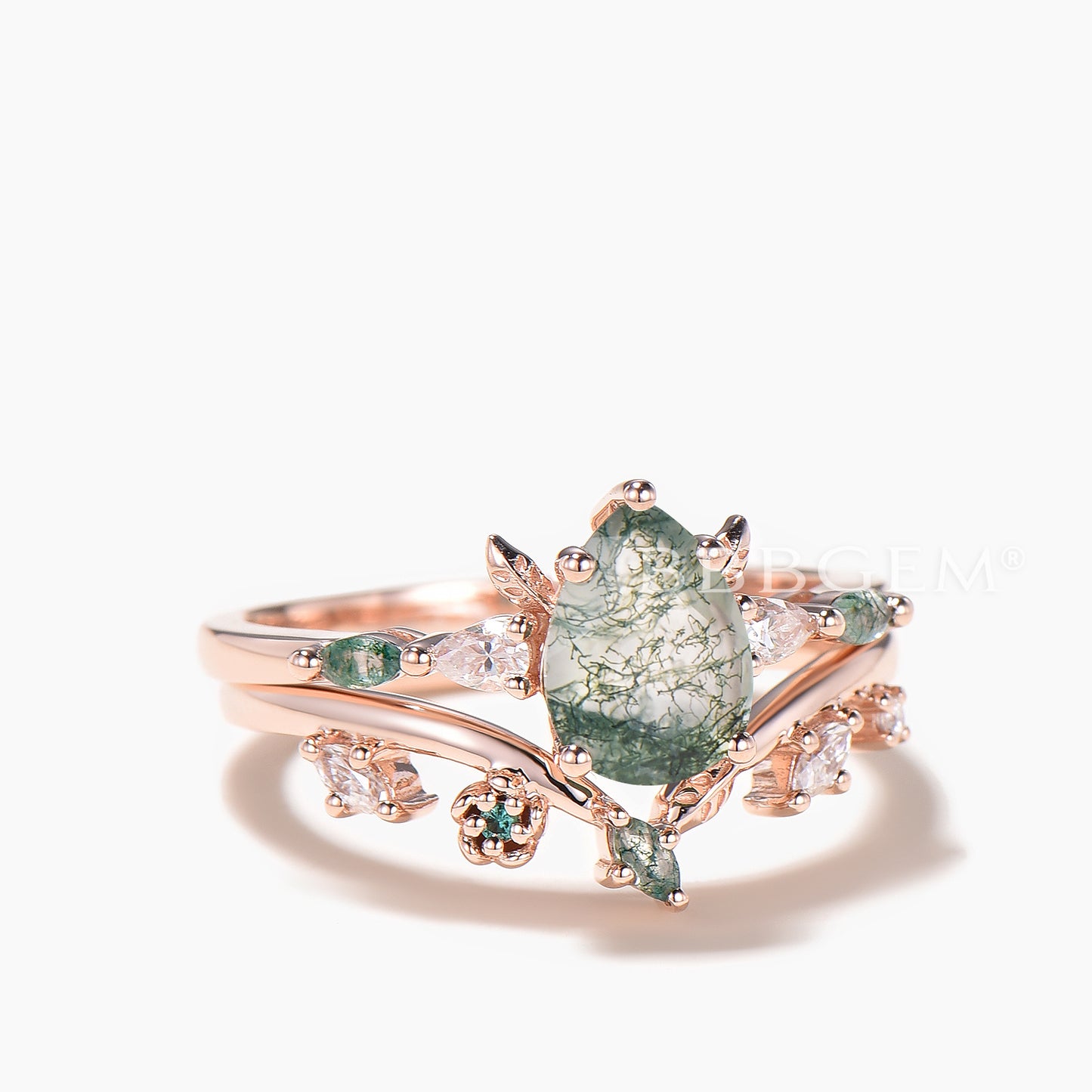 Pear Cut Moss Agate Leaf Wedding Ring Moissanite Nature Inspired Bridal Set