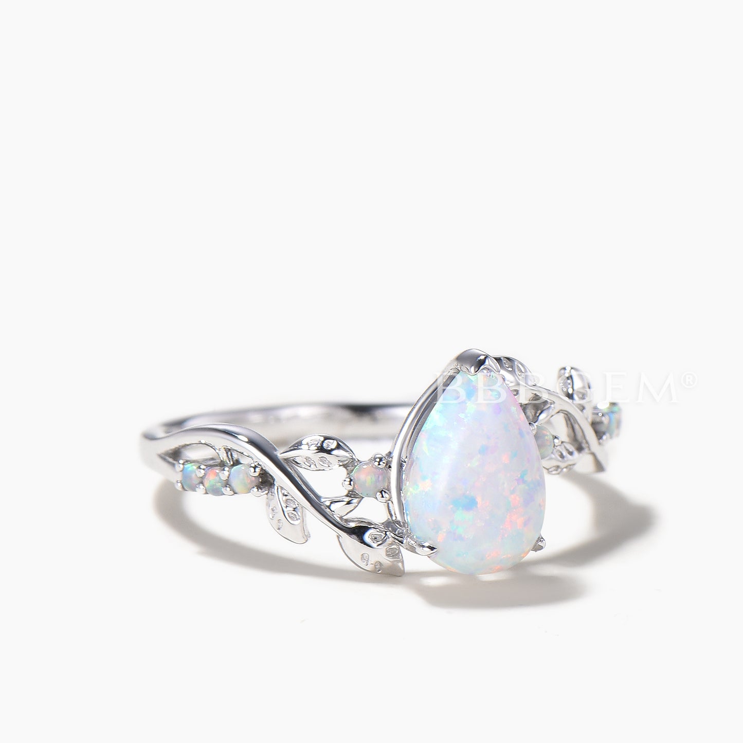 Teardrop Cut White Opal Twisted Engagement Ring Opal Leaf Nature Inspired Ring