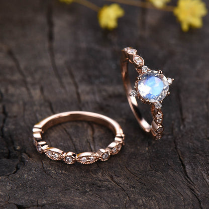 Vintage Rainbow Moonstone Engagement Ring Set 05