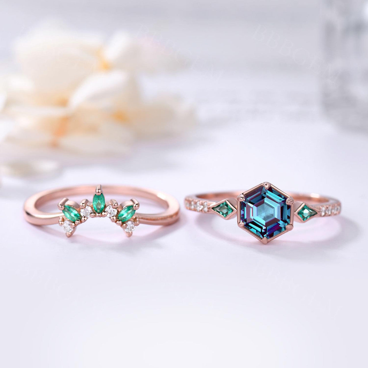 Hexagon Cut Alexandrite Bridal Set With Emerald Diamond Band- BBBGEM Alexandrirte Ring Set