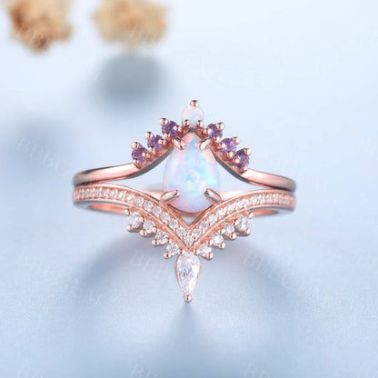 Pear Opal Engagement Ring Set White Opal Wedding Set,3pcs Bridal Set