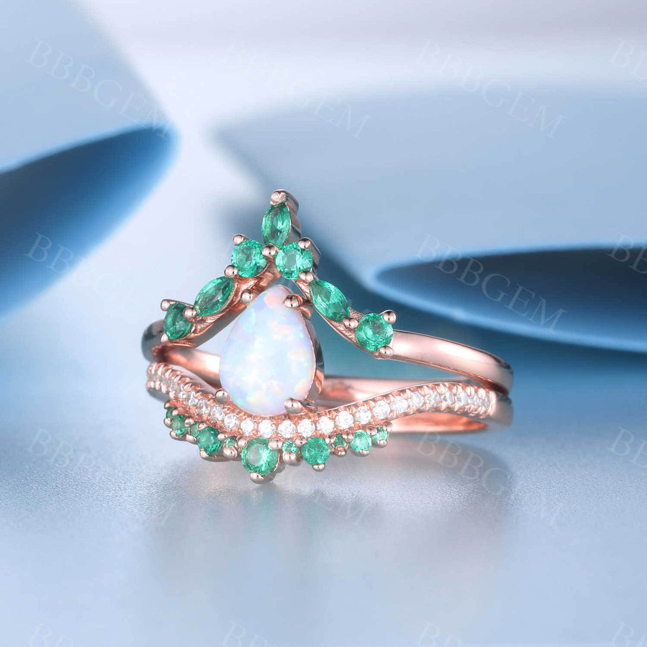 Opal Emerald Engagement Ring Set 14K Rose Gold