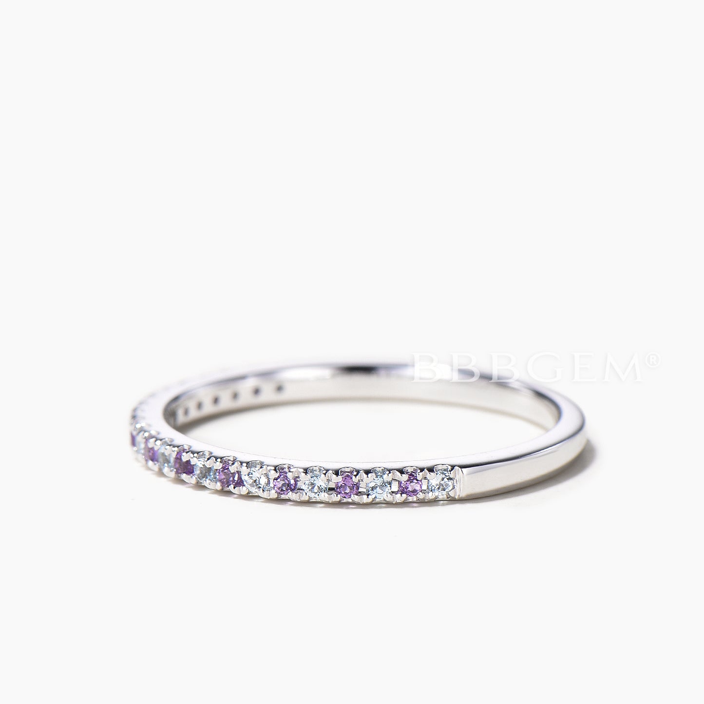 Color-change Alexandrite And Natural Amethyst Half Eternity Stacking Wedding Band