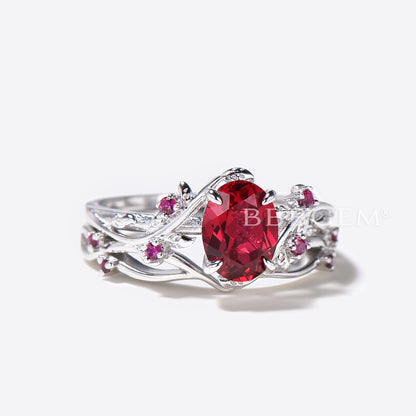 Oval Red Ruby Engagement Ring Nature Inspired Leaf Wedding Ring Set