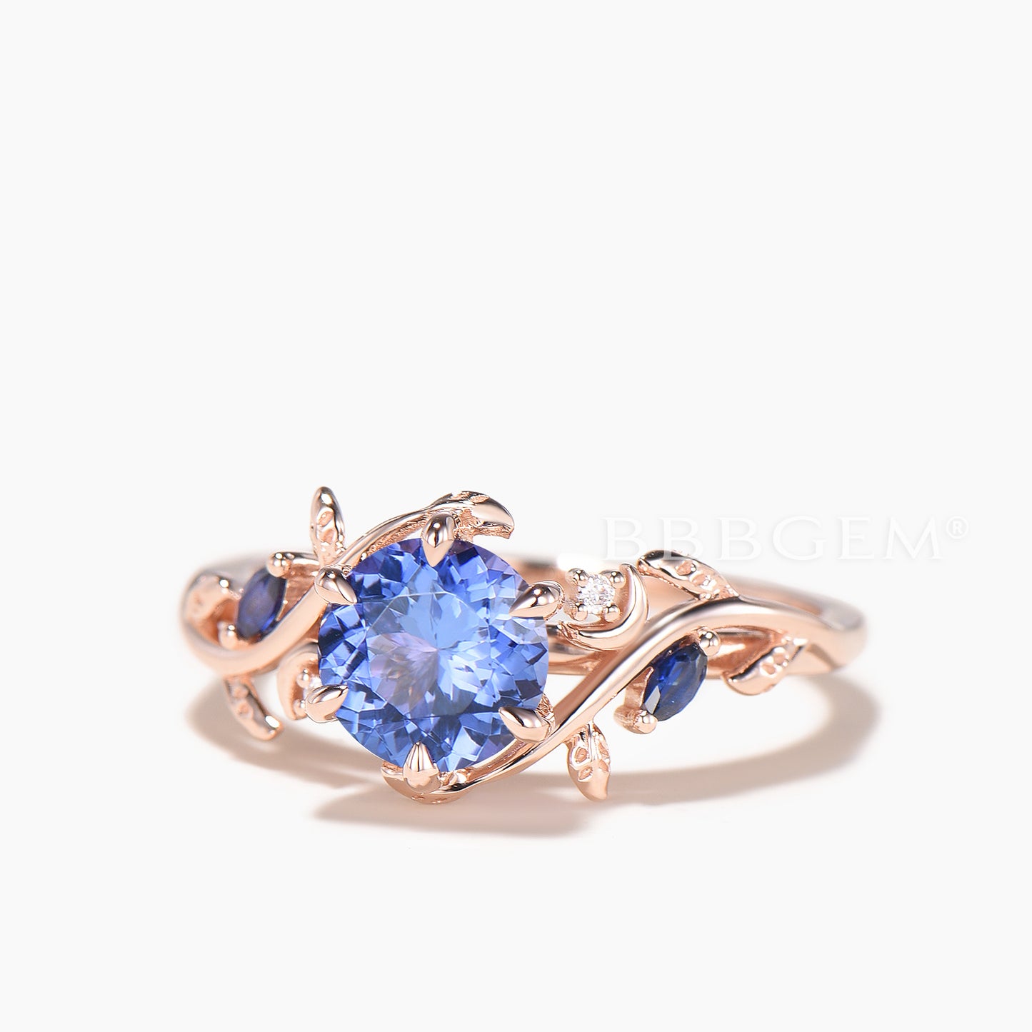 Round Cut Natural Tanzanite Engagement Ring Sapphire Leaf Inspired Ring