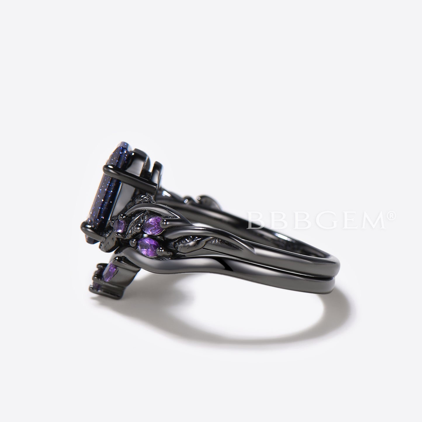 Black Gold Coffin Blue Sandstone Ring Leaf Amethyst Engagement Ring