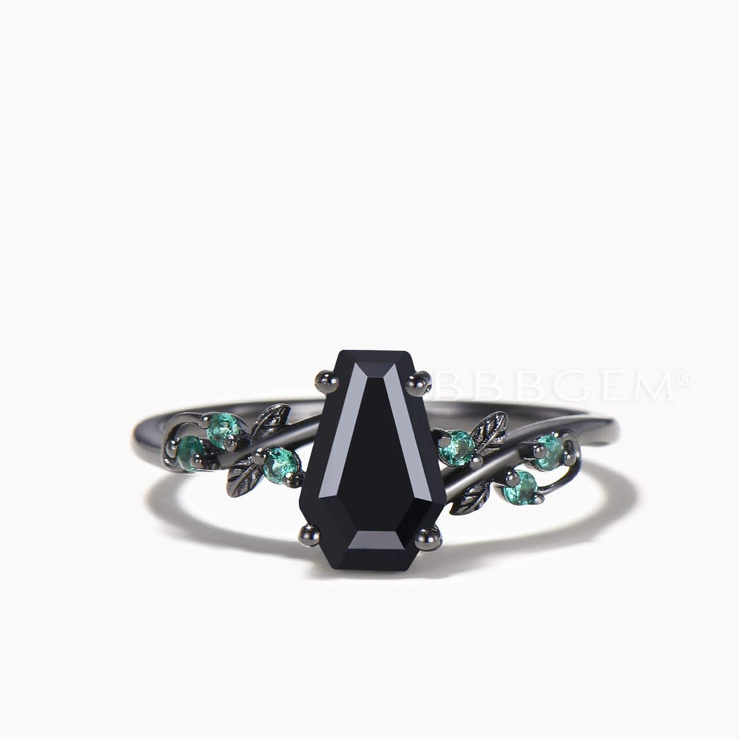 Coffin Cut Black Onyx Engagement Ring Emerald Leaf Band Nature Inspired Ring Set