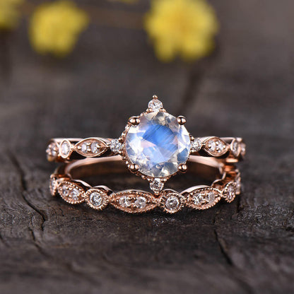 Vintage Rainbow Moonstone Engagement Ring Set 0