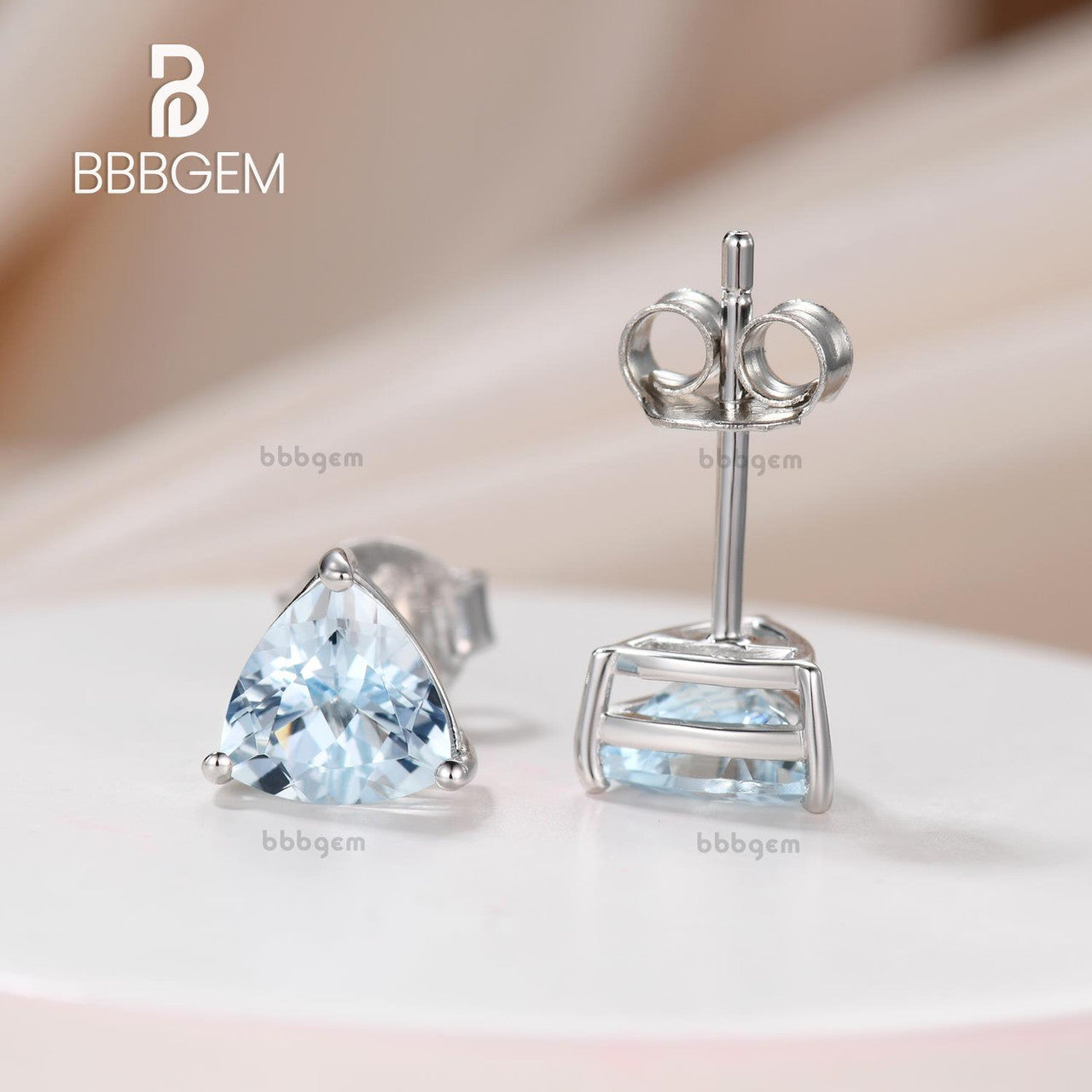 6mm Trillion Aquamarine Solitaire Stud Earrings 14K White Gold-Trillion-Cut Genuine Gemstone Stud Earrings (2)