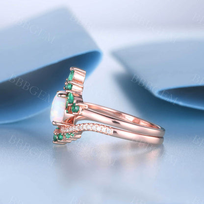 Opal Emerald Engagement Ring Set 14K Rose Gold