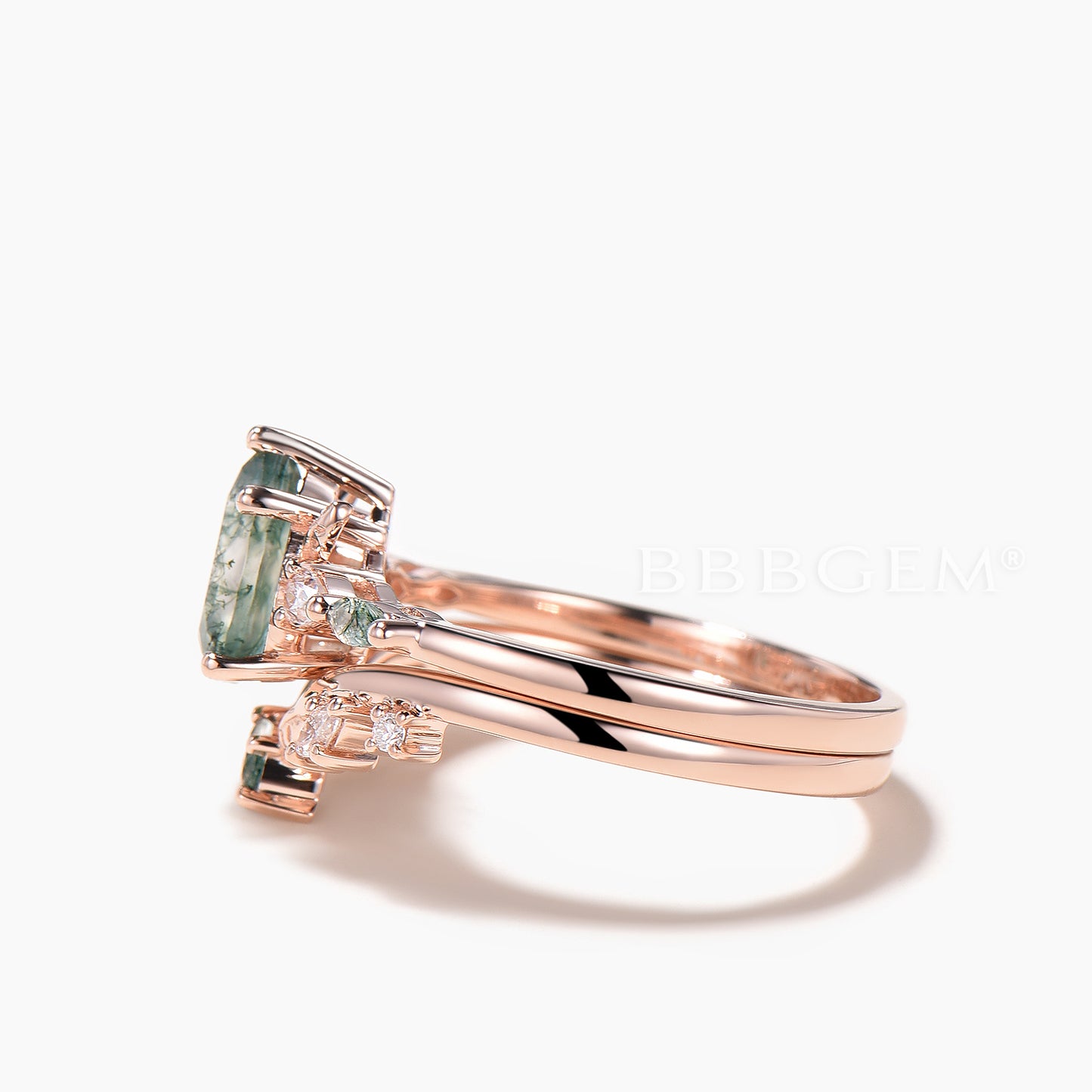 Pear Cut Moss Agate Leaf Wedding Ring Moissanite Nature Inspired Bridal Set